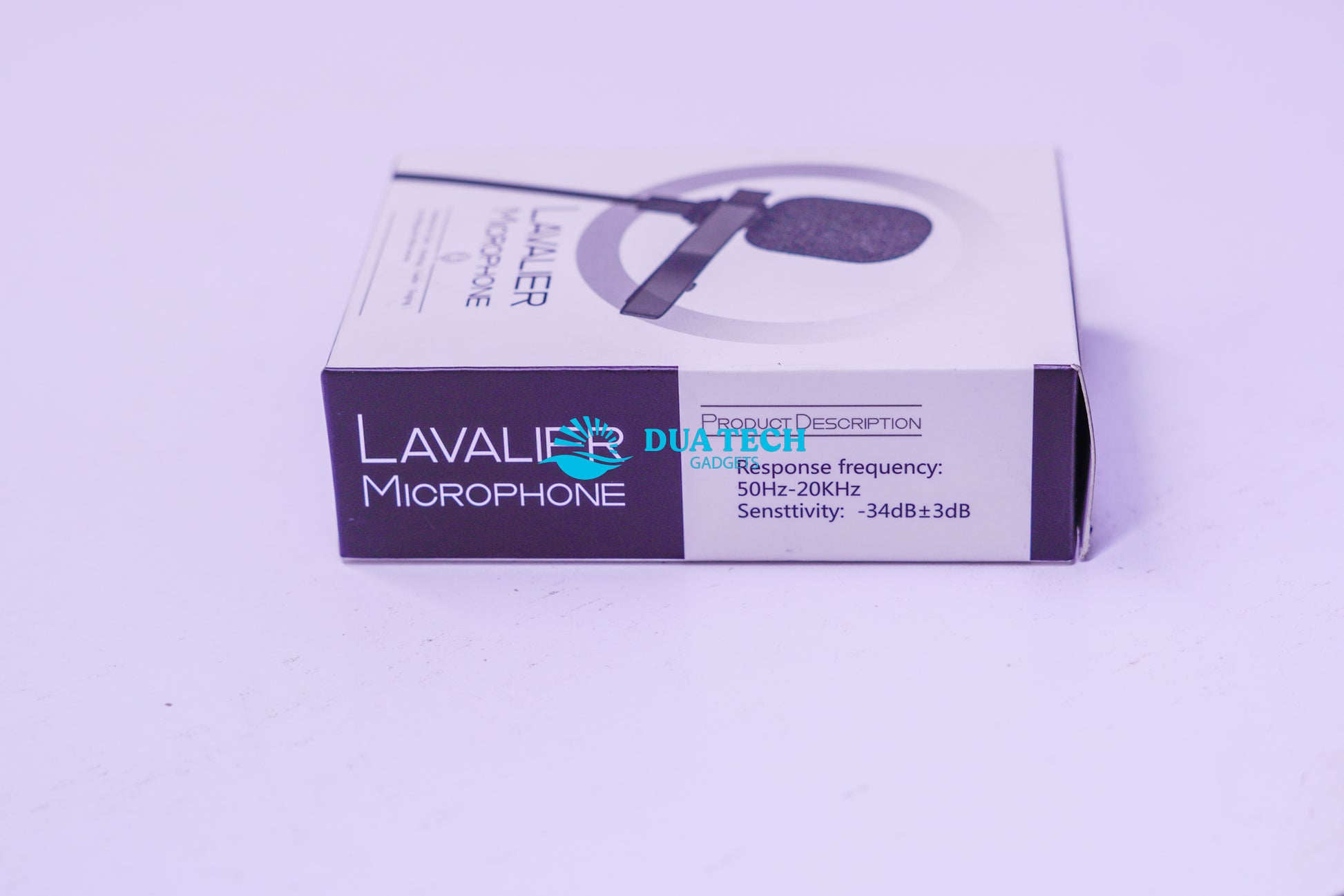 Box of Dua Tech Lavalier Microphone on a light purple background
