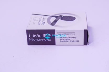 Box of Dua Tech Lavalier Microphone on a light purple background