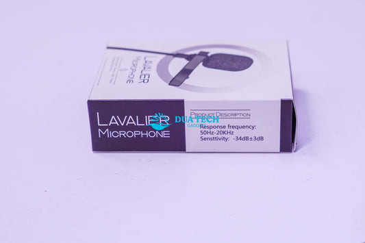 Box of Dua Tech Lavalier Microphone on a light purple background